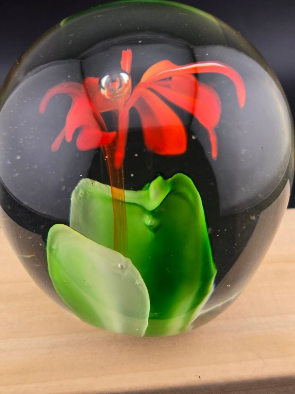 Handcrafted Clear Glass Paperweight With Orange Flower Design & Green Leaves - Picture 10 of 15